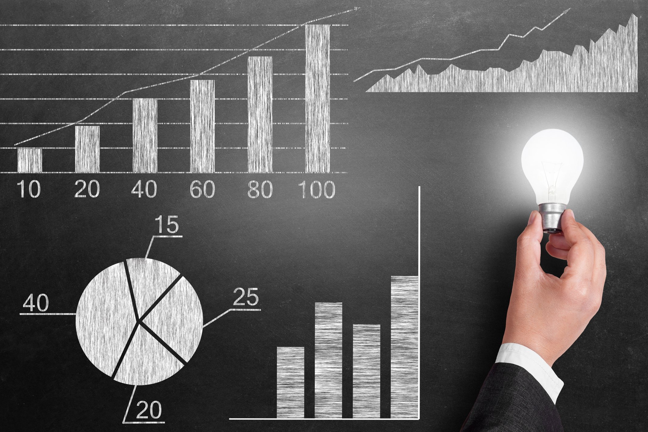 A hand holds a lightbulb beside a blackboard covered in charts.