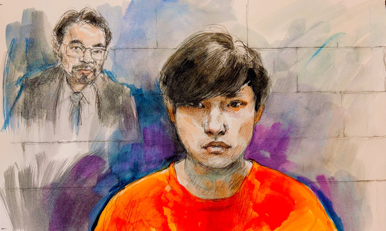 Zekun Wang, accompanied by his lawyer Justin Kuang (top left), depicted in a court sketch drawn on Feb. 4., 2026.