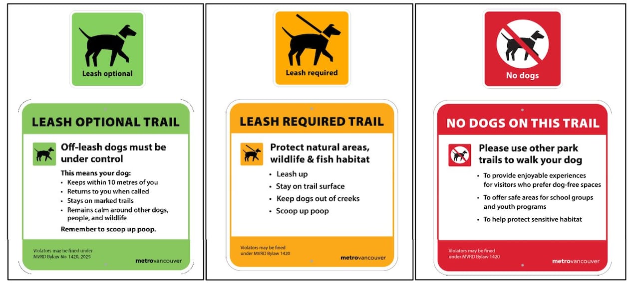 Three different signs, one green, one yellow, one red, side by each showing details of how and where dogs in Pacific Spirit Regional Park can be. 