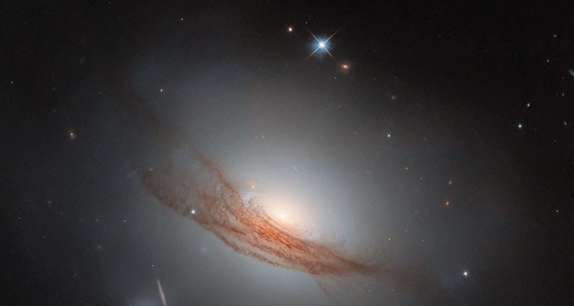 A disk-shaped galaxy. It glows brightly at the center and shines a faint white light all around it. The disk is made up of tightly-packed rings of dust, some darker and some lighter. Wide, long lanes of dark reddish dust cross the galaxy in front of its edge, blocking out some of its light; the long strands twist and break apart at each side. A couple of nearby stars and distant galaxies are also visible on the black background.