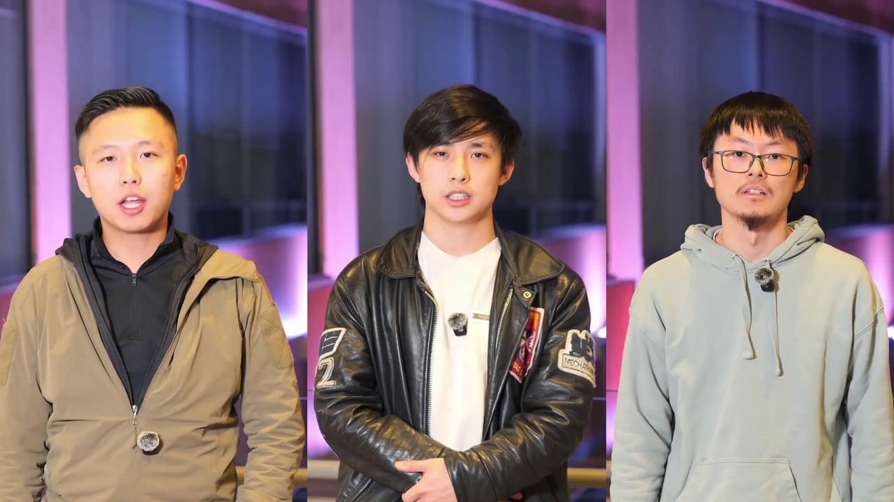 Left to right, Jerry Tong, Zekun Wang and Fei Han as they appear in a video designed to pitch the weapon system to prospective investors.