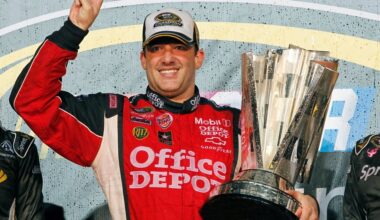 FILE - In this Nov. 20, 2011 file photo, Tony Stewart celebrates after winning his third NASCAR Sprint Cup Series championship, at Homestead-Miami Speedway in Homestead, Fla. (AP Photo/Terry Renna, File)