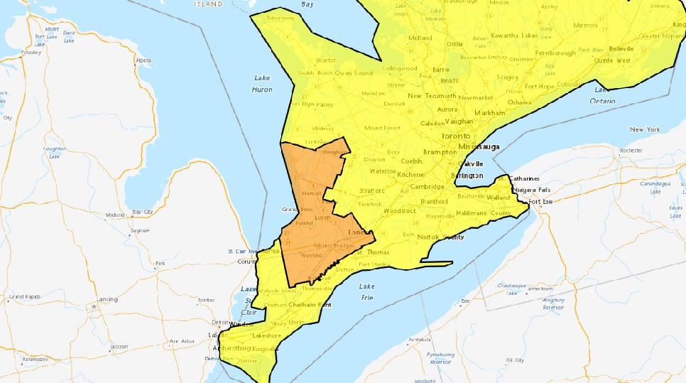 A map showing southwestern ontario. Most of it is yellow, and a smaller section from Lake Huron down to London is orange.