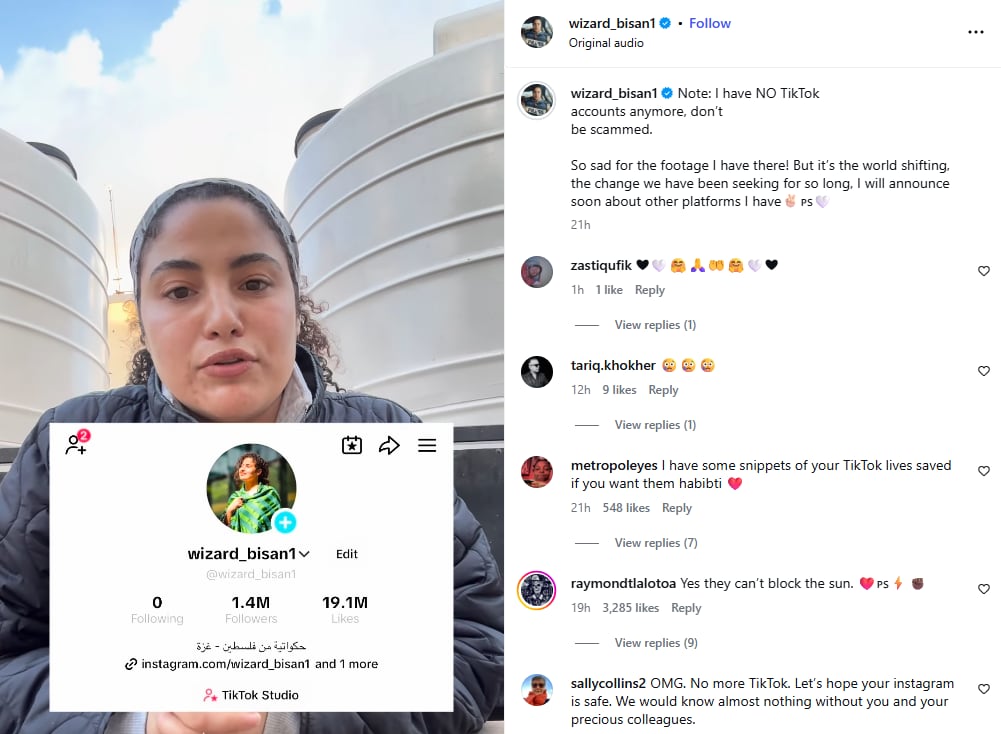 A screen shot shows a woman talking in an Instagram reel. the text says: Note: I have NO TikTok  accounts anymore, don’t  be scammed.  So sad for the footage I have there! But it’s the world shifting, the change we have been seeking for so long...