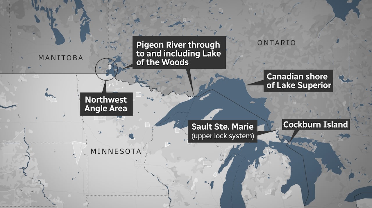 A map of areas along the Canada-U.S. border.