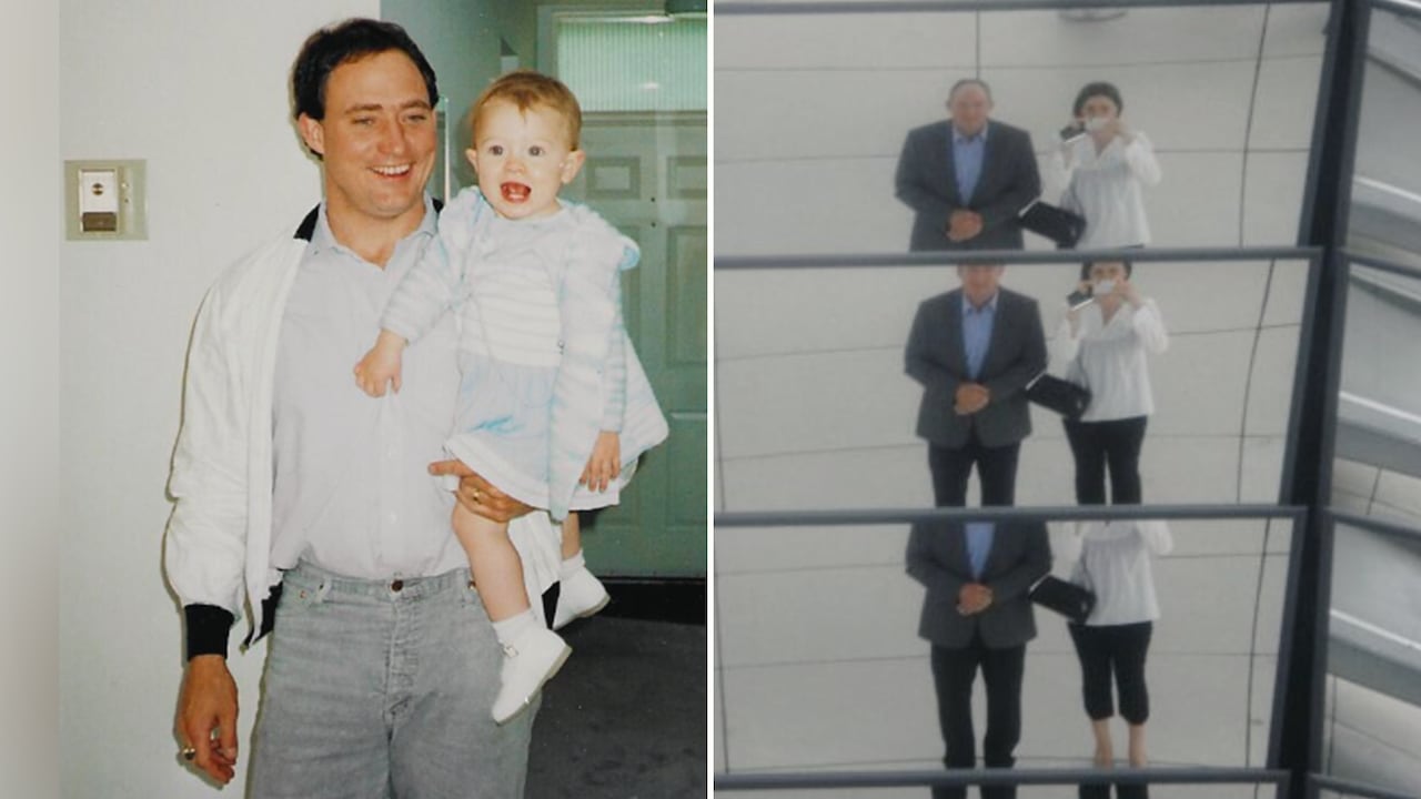 A collage of two images. On the left, a smiling man wears a ring on the right hand and holds a laughing girl wearing a blue dress in his left arm. On the right, a man and a woman pose for a photo while the woman takes a photo of their reflection.