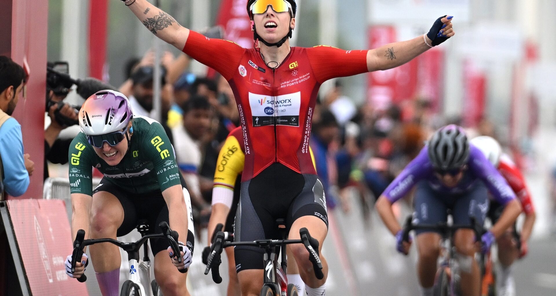 Lorena Wiebes (Team SD Worx-Protime) wins stage 3 of the UAE Tour Women ahead of Lara Gillespie (Team UAE ADQ) on February 07, 2026 (Photo: Tim de Waele/Getty Images)
