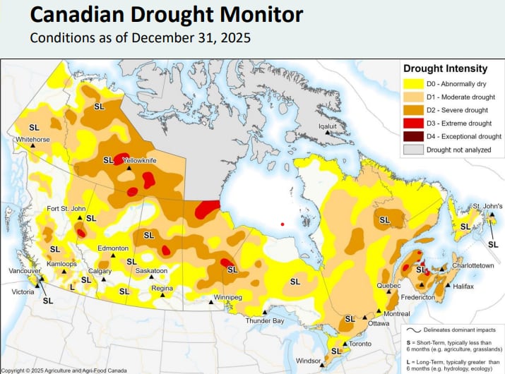 Coloured map of Canada depicting drought conditions.