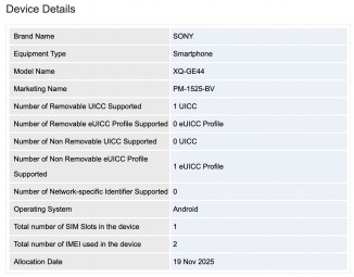GSMA registration details: Xperia 1 VIII (PM-152X-BV)