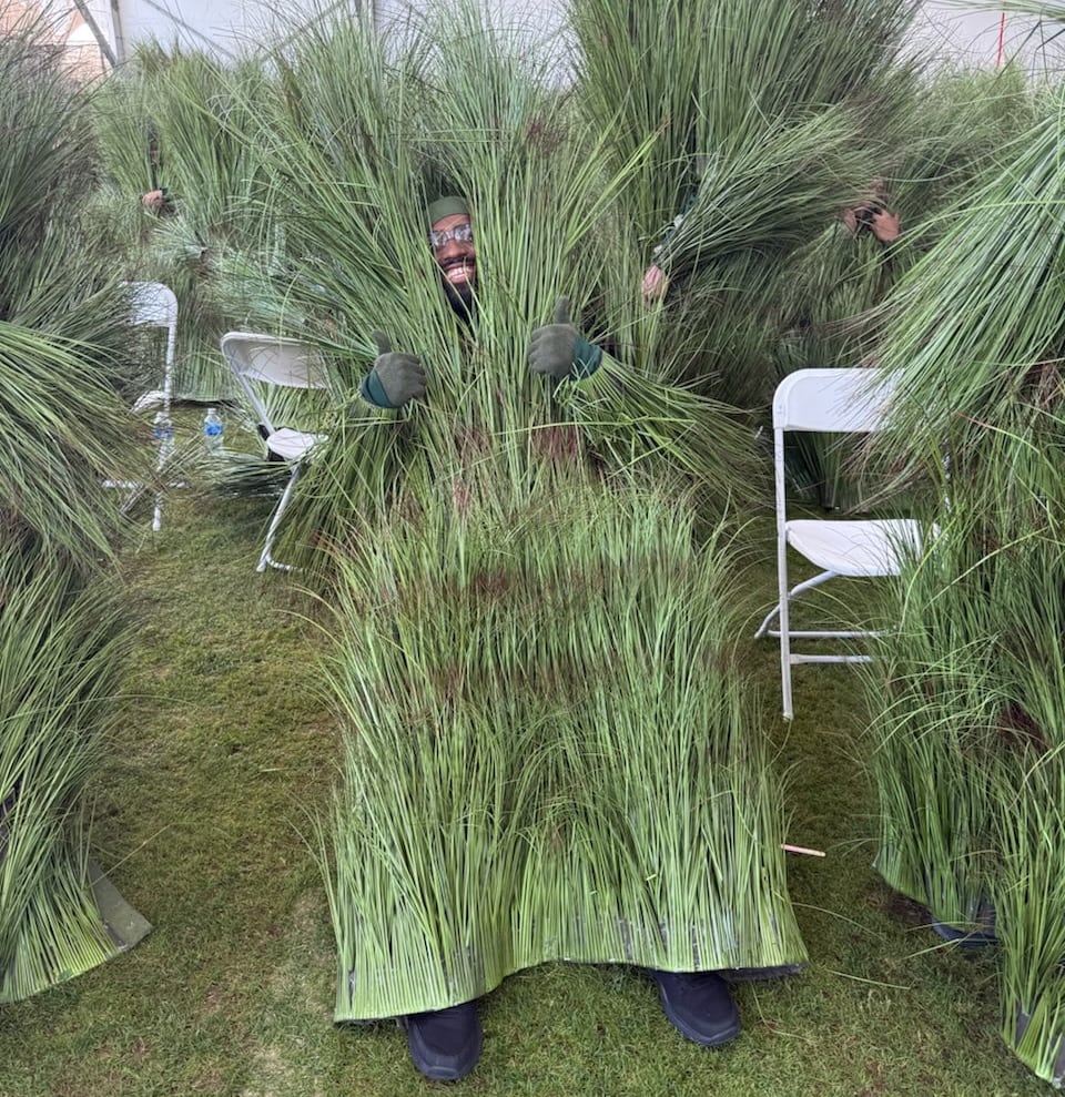 A man smiles while dressed as a large bushel of grass, sitting on a white folding chair next to others in the same costume