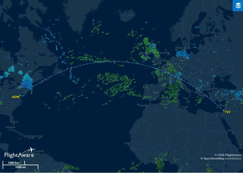 The map shows a Great Circle flight path from Tel Aviv to Washington.