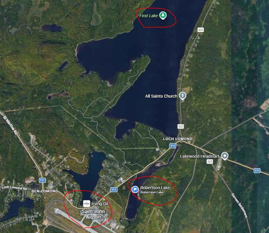 Google maps image with First Lake, Robertson Lake and Saint John Airport circled.