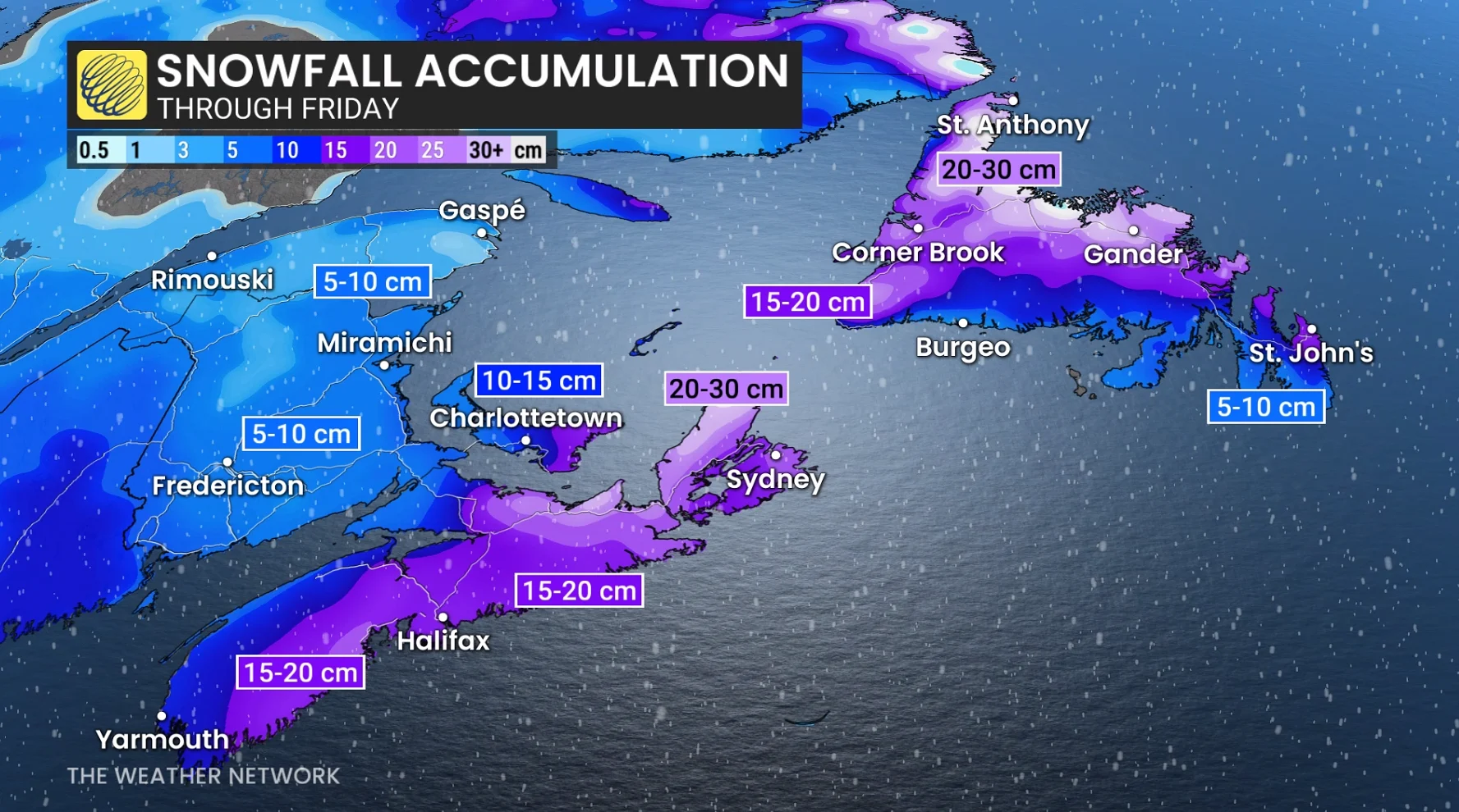 Atlantic Canada snowfall forecast through Friday