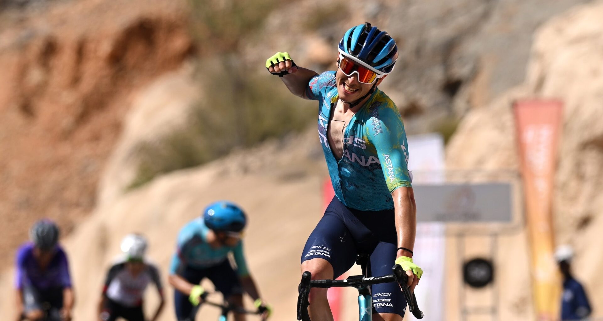 Christian Scaroni celebrates victory at the Tour of Oman.
