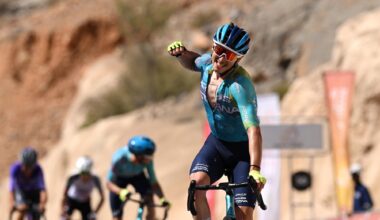 Christian Scaroni celebrates victory at the Tour of Oman.