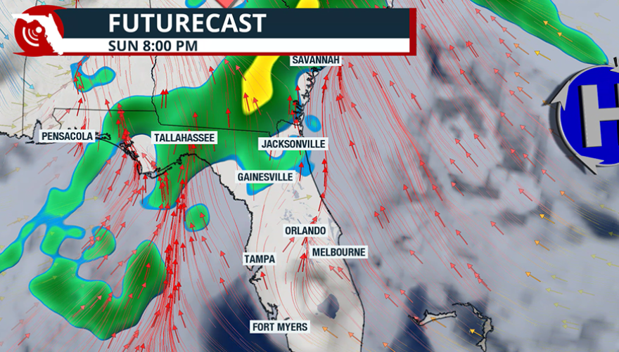 Futurecast showing a rain approaching Central Florida on Sunday evening.