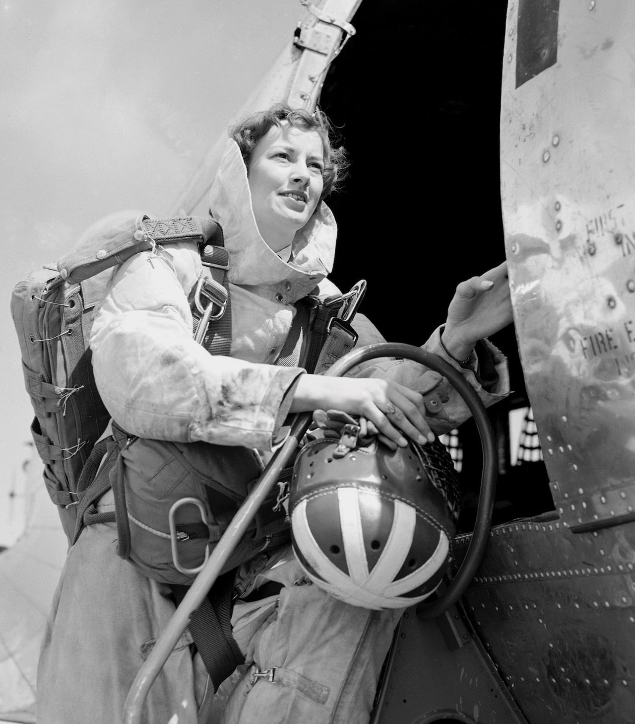 A black-and-white photos shows a Canadian woman who served in the Royal Canadian Air Force.