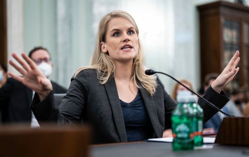 Former Facebook employee and whistleblower Frances Haugen testifies during a Senate Committee 
