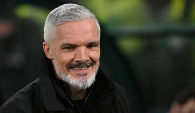 EDINBURGH, SCOTLAND - FEBRUARY 4: Jim Goodwin Dundee Utd head coach is all smiles before the William Hill Premiership match between Hibernian and Dundee United at Easter Road on February 4, 2026 in Edinburgh, Scotland. (Photo by Callum Landells/Getty Images)