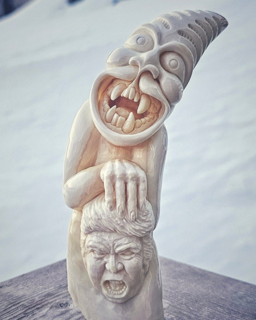 Kim Kleist-Eriksen carved a a tupilak, a vengeful Greenlandic spirit, attacking the head US President Donald Trump.