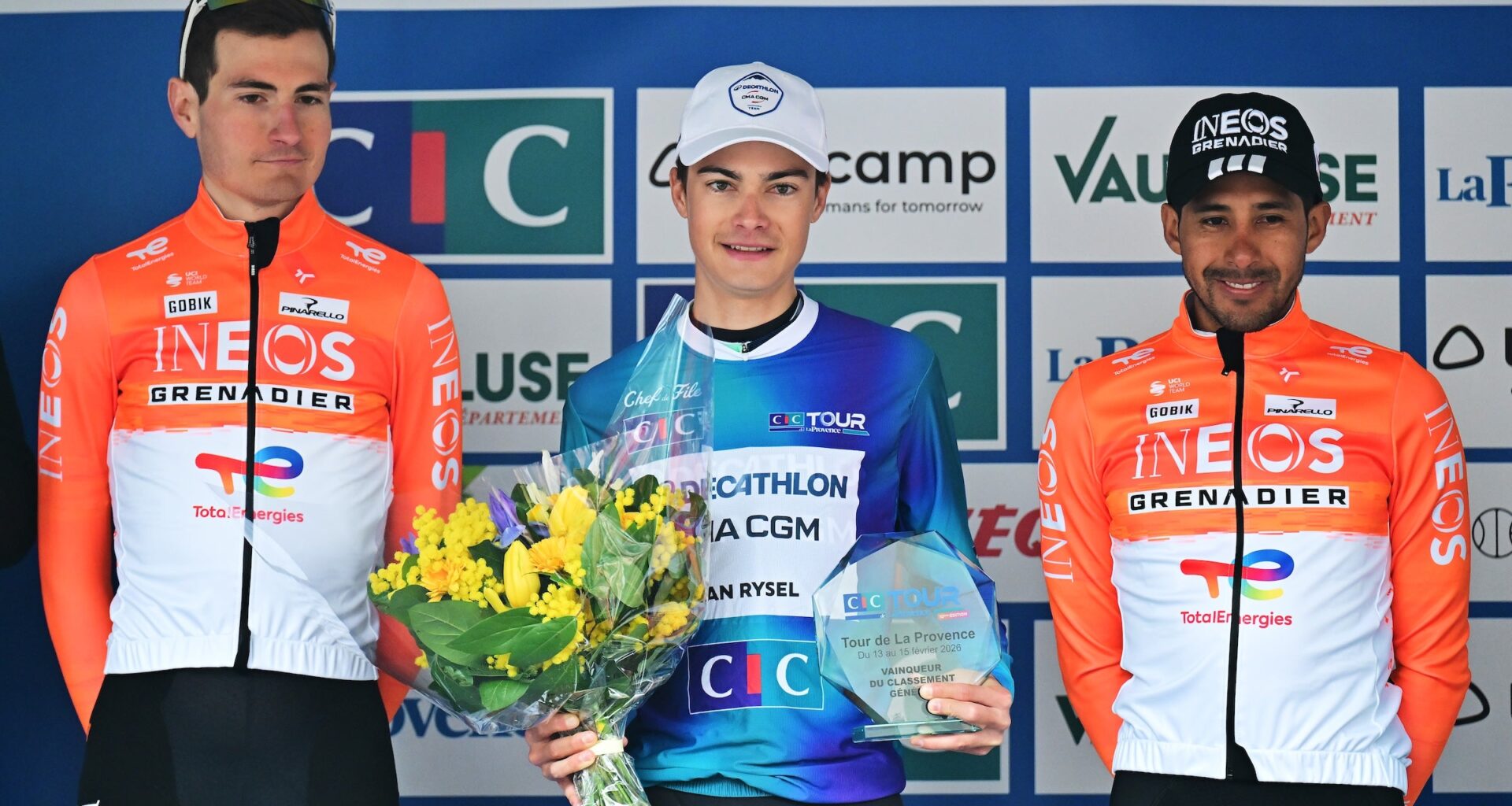 Matthew Riccitello (Decathlon CMA GGM won the Tour de la Provence ahead of  Carlos Rodríguez and Brandon Smith Rivera (Photo: Billy Ceusters/Getty Images)