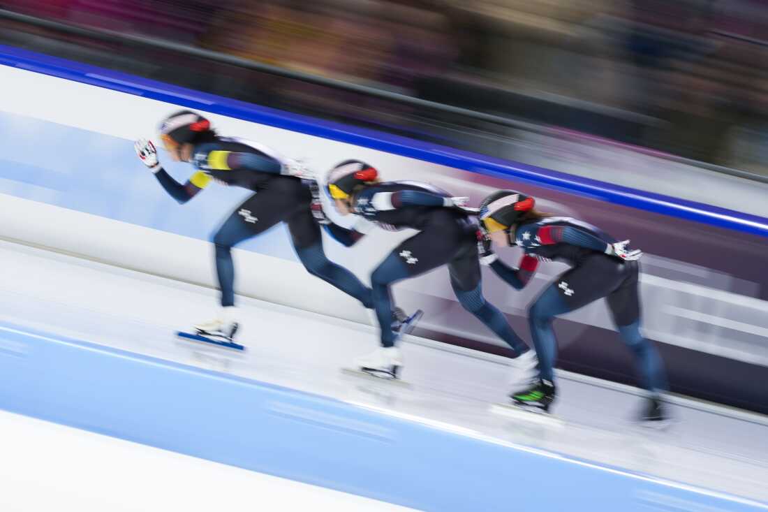 Team USA with Brittany Bowe, Mia Kilburg, and Giorgia Birkeland, from left to right, compete in the women's Team Pursuit of the Speedskating Single Distance World Championships at Thialf ice arena Heerenveen, Netherlands, Friday, March 3, 2023.