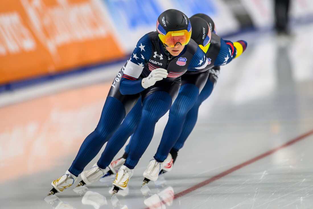 From front to back, United States' Brittany Bowe, Mia Manganello and Greta Myers skate during the women's team pursuit at a World Cup speedskating event Sunday, Nov. 16, 2025, in Salt Lake City. 