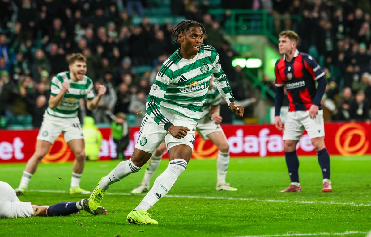 Celtic's Junior Adamu celebrates after scoring to make it 1-1 vs Dundee