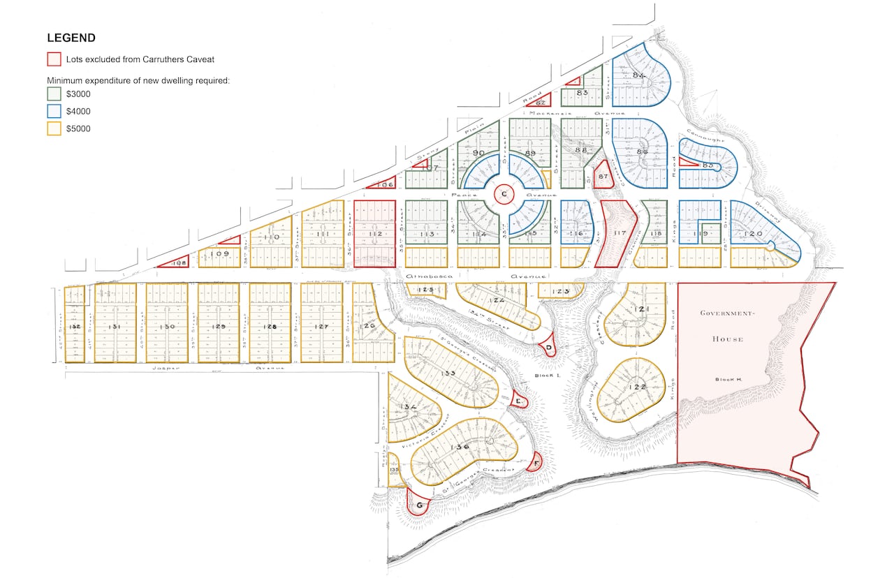 A map of the Glenora neighborhood that divides house lots by minimum housing prices. 
