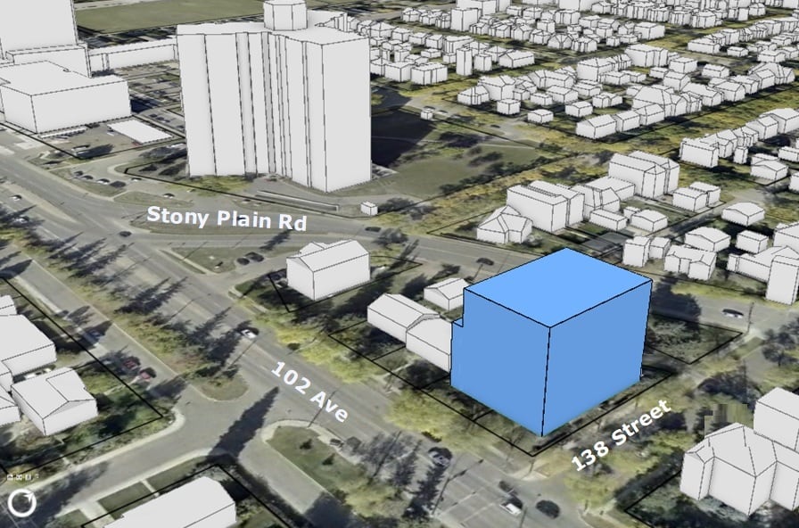 Development map showing a building in blue which is being proposed as an apartment.