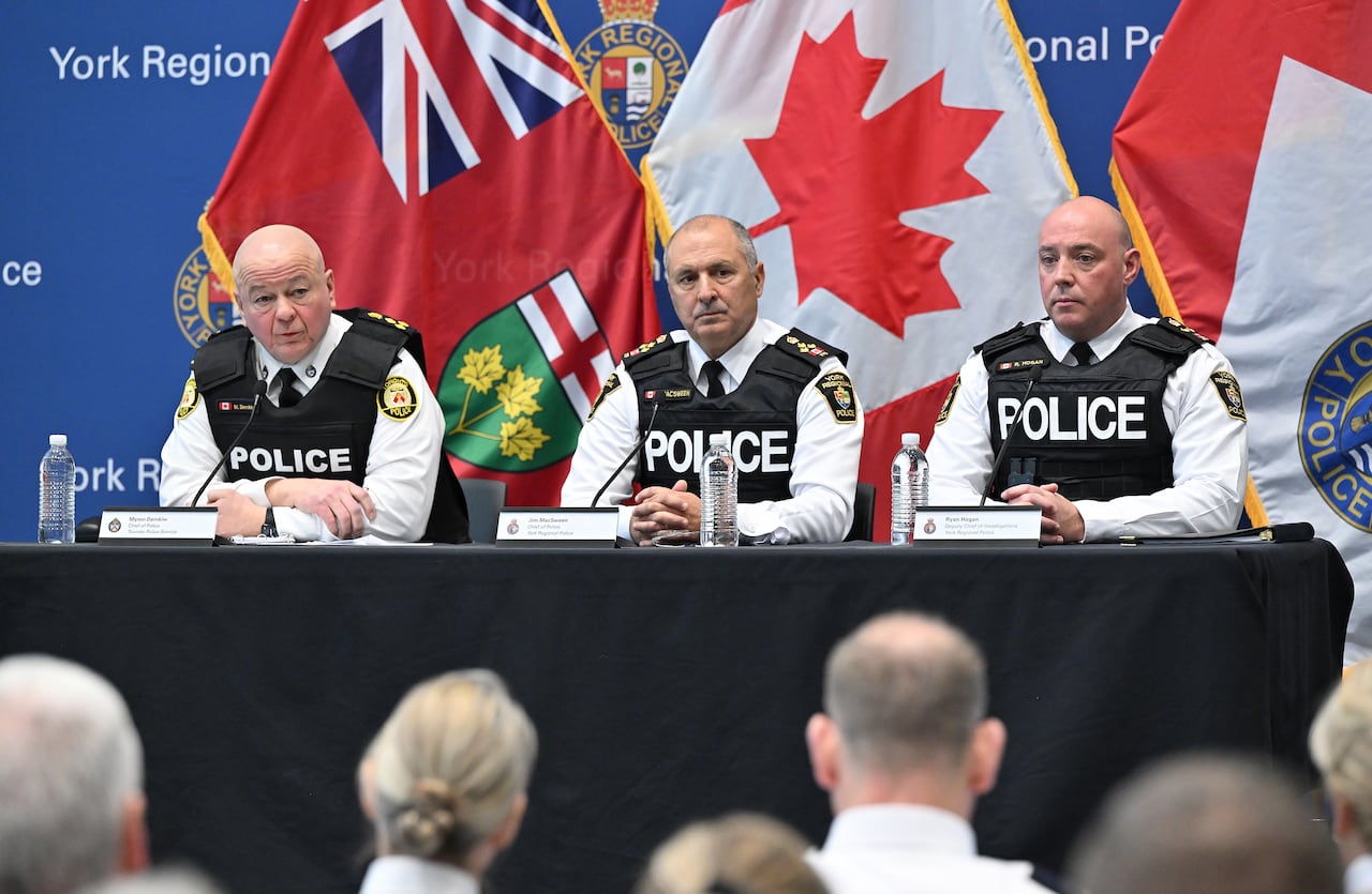 Toronto police service chief Myron Demkiw, left, is joined by York regional police chief Jim MacSween, centre, and YRP deputy chief Ryan Hogan at a press conference to announce the results of ‘Project South,’ a lengthy investigation into organized cr