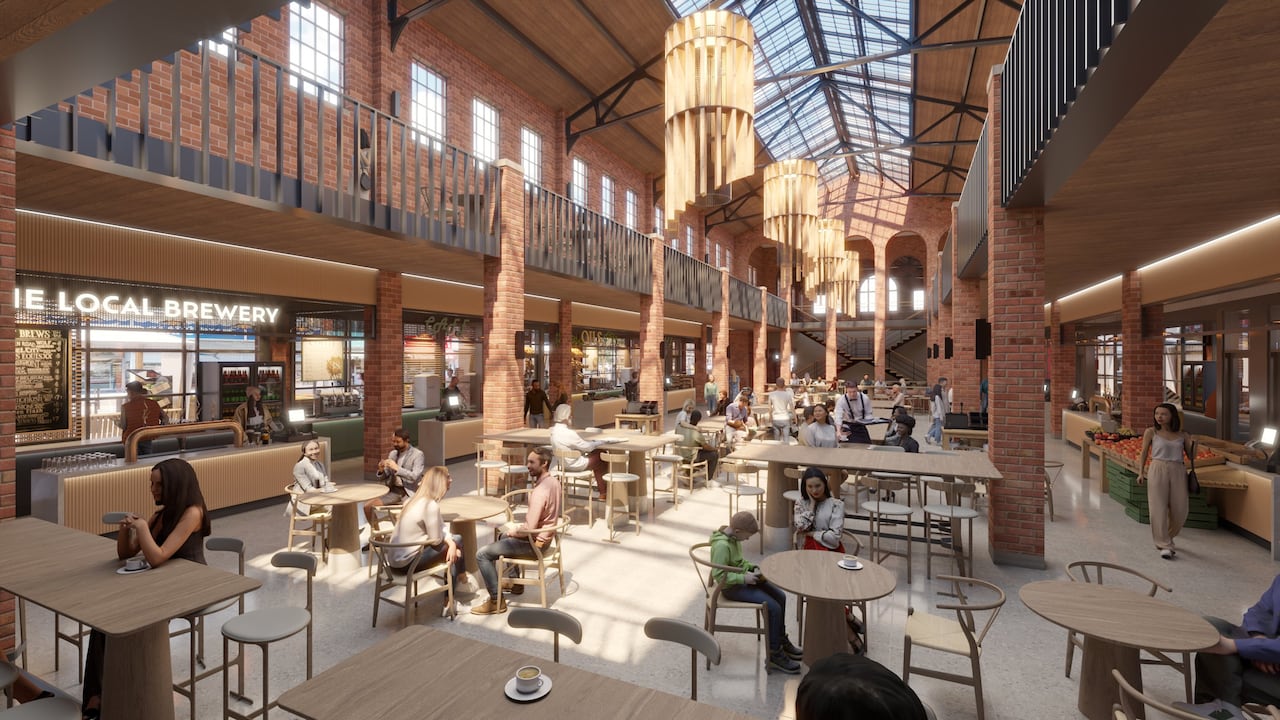 A rendering of the inside of the historic market building after renovations.