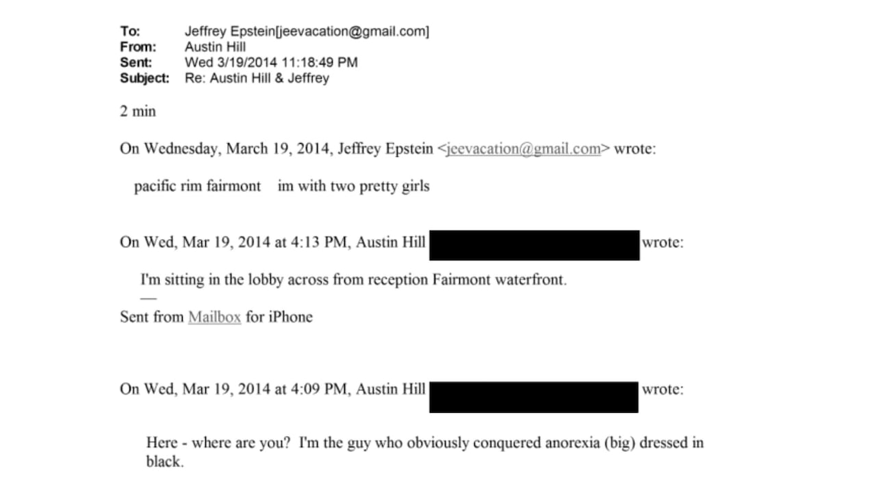 A screengrab showing an email exchange between Austin Hill and Jeffrey Epstein ahead of their first meeting on March 19, 2014.