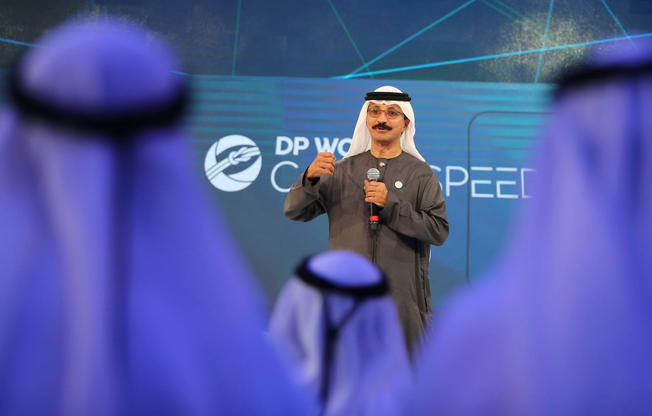 DP World's chairman and CEO Sultan Ahmed bin Sulayem talks during the Hyperloop One presentation aboard the Queen Elizabeth 2 in Dubai, United Arab Emirates, Sunday, April 29, 2018