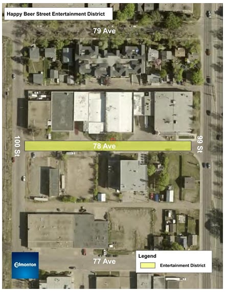 A birdseye view of an Edmonton neighbourhood between 100 St. and 99 St. 77, 78 and 79 Ave are all featured. Only 78 Ave. is highlighted yellow indicating the entertainment district. The city's logo, blue with white text, is in the bottom left corner.