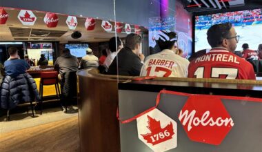 Montreal fans gather for Team Canada's men's hockey semi-final, Finland leads 2-1