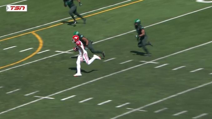 Dominique Rhymes Dominique Rhymes makes a catch against the Saskatchewan Roughriders in 2025.