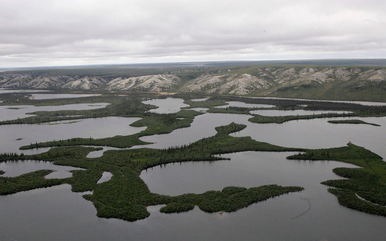 An aerial view of the Mackenzie River Delta