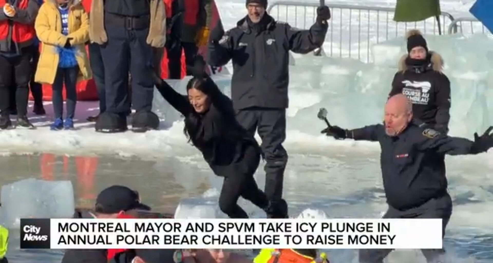 Montreal mayor and SPVM take icy plunge for annual Polar Bear challenge
