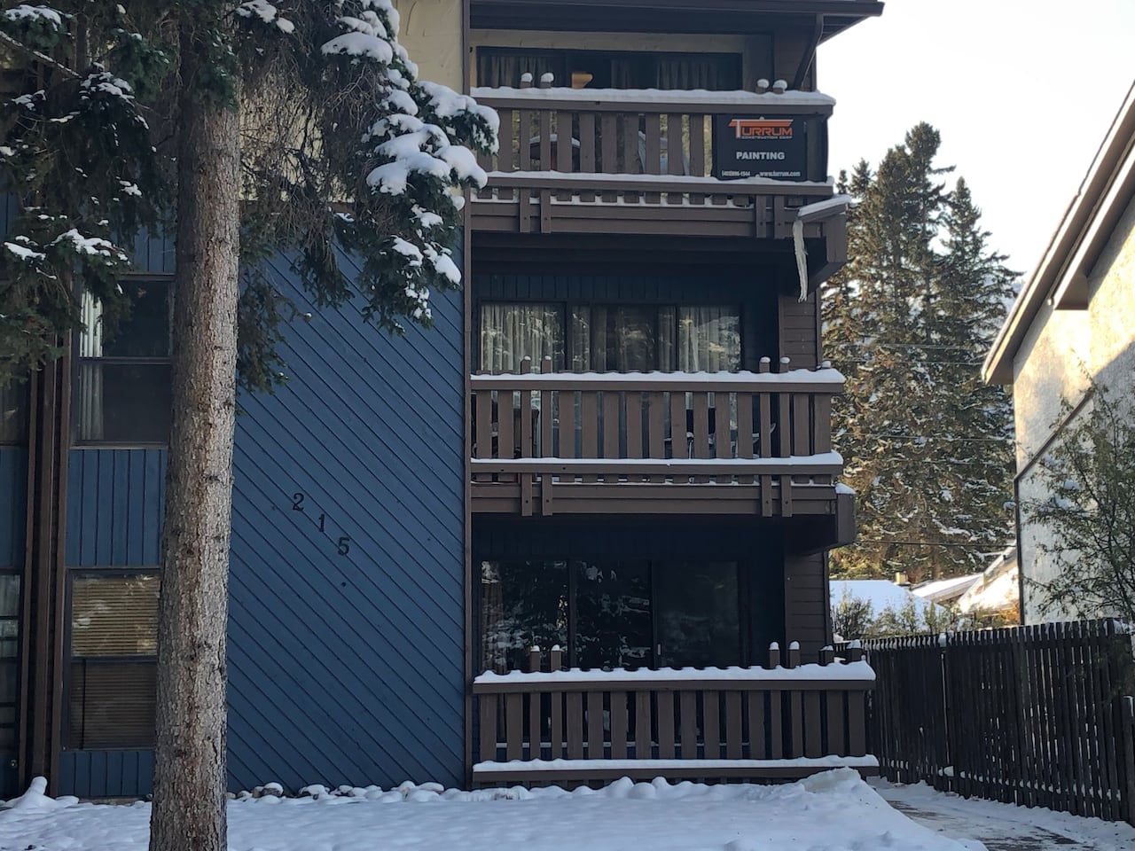 An apartment building with snow on balconies is seen in Banff, Alberta.