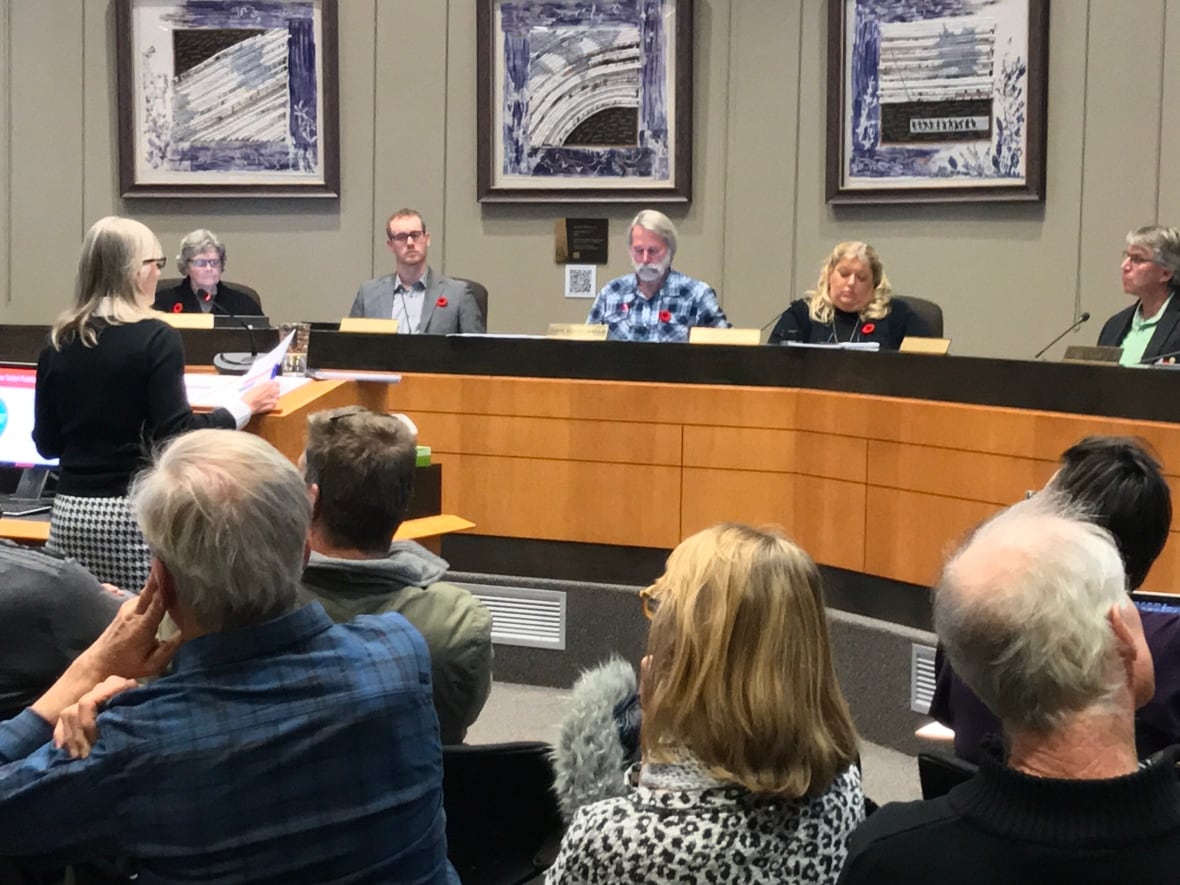 A group of elected officials listen to a Canmore employee.