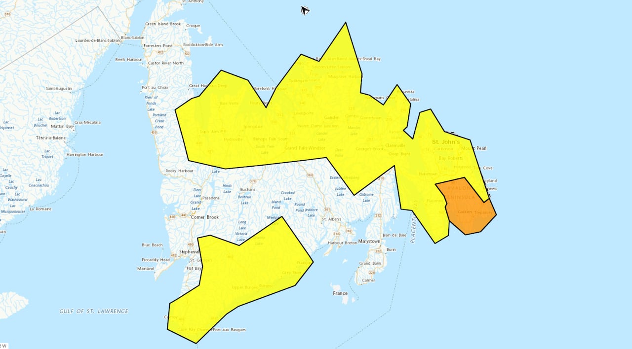 map of Newfoundland with yellow and orange sections