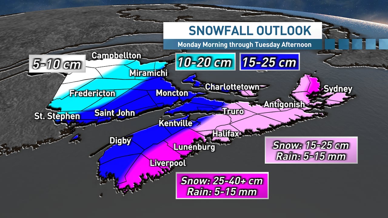 A map of the Maritimes shows expected snowfall and rainfall for the upcoming nor'easter.