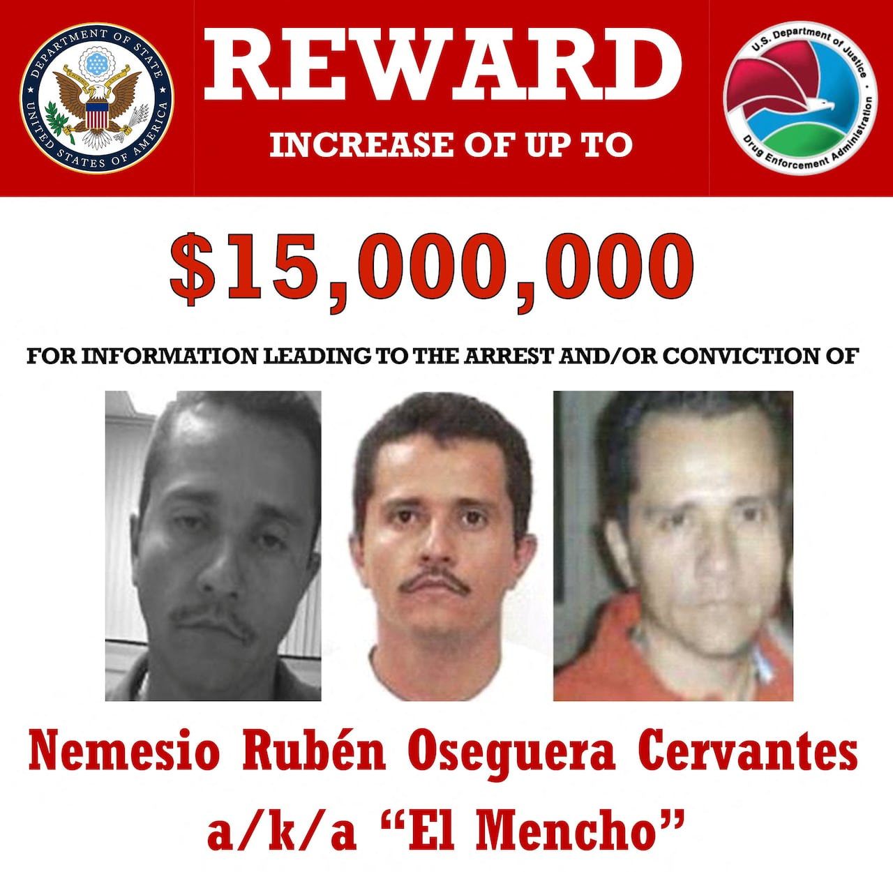 A reward poster from the FBI is shown, with three different images of the same man - two with mustache, and one clean shaven.