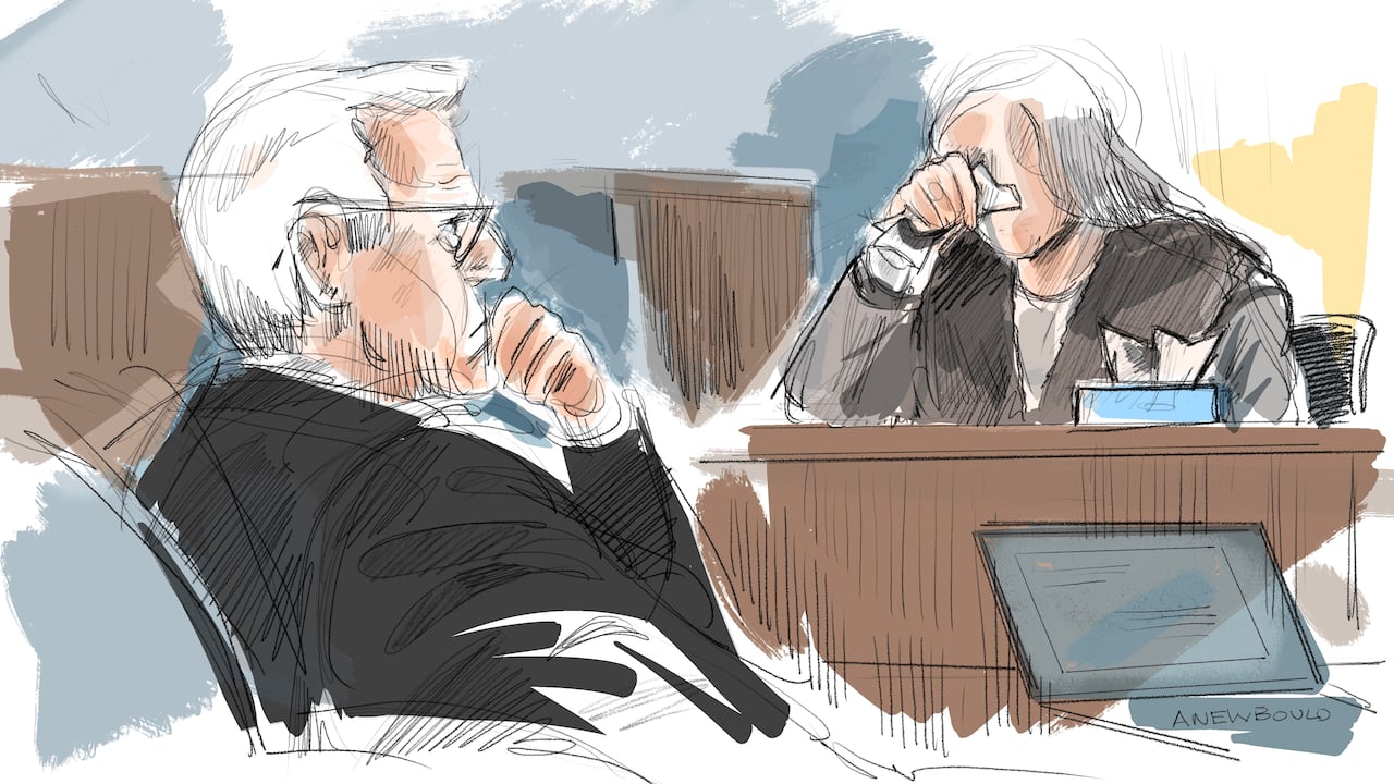 Stronach, in a Toronto courtroom, watches as a woman testify about his alleged sexual assault against her.