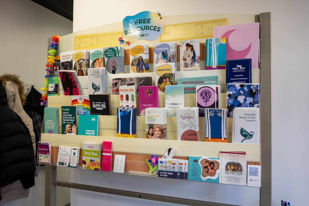 A board full of flyers offering information related to sexual education and pregnancy options services 