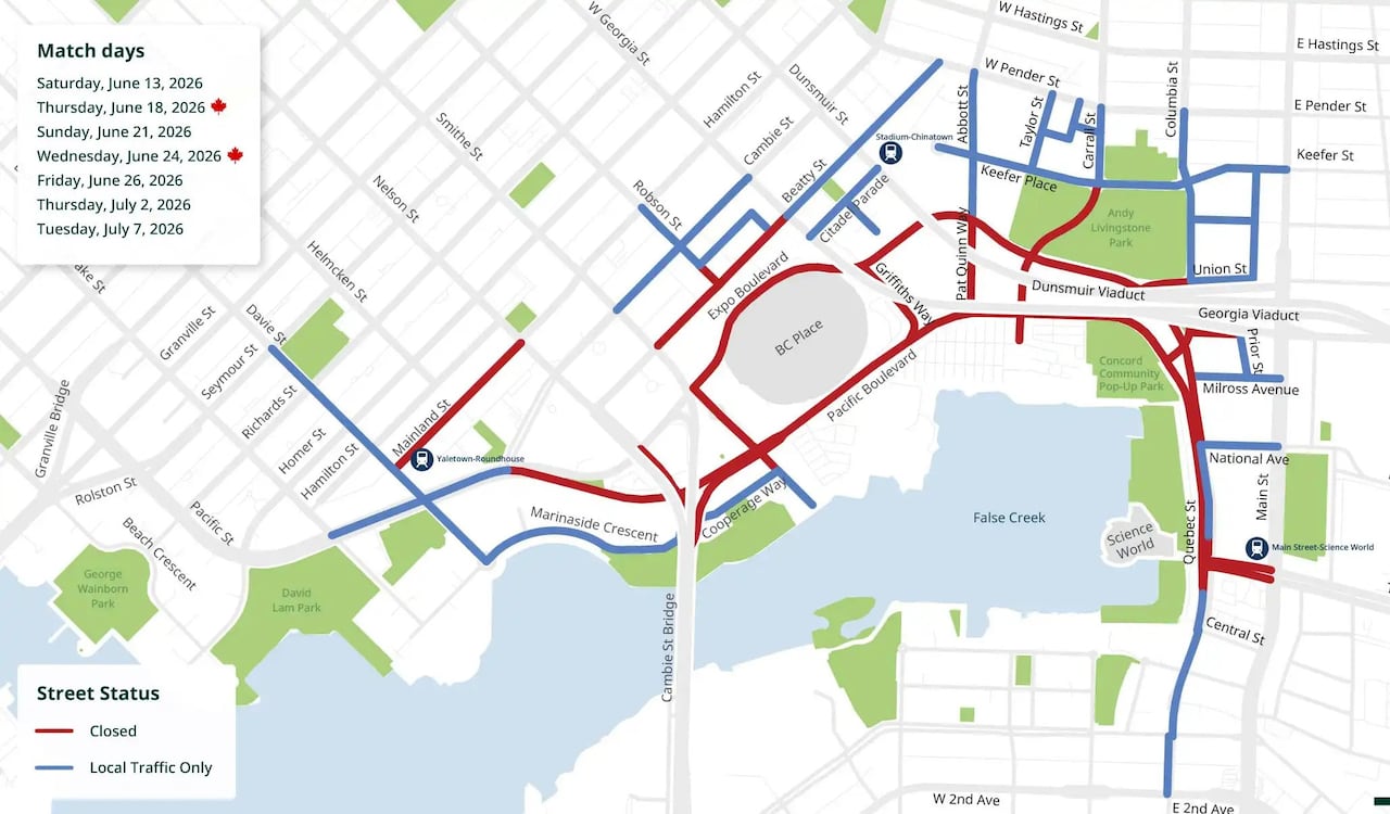 A graphic shows a number of roads around B.C. Place in downtown stadium that are closed on FIFA World Cup matchdays.