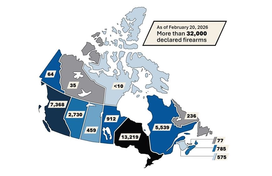 By province, the number of declarations submitted so far in the federal assault-style firearms buyback program.