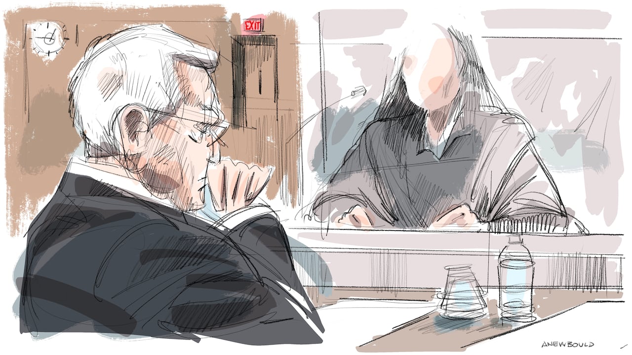 Stronach, sitting in a Toronto courtroom, watches as the fifth complainant testifies at  his sexual assault trial.