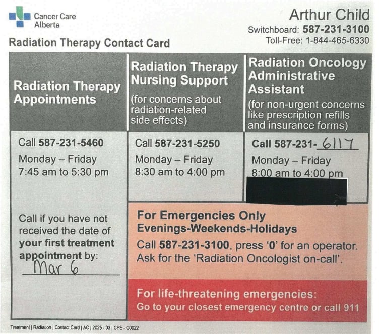 A radiation therapy contact information card includes a phone number for the on-call radiation oncologist, to be used for emergencies on evenings, weekends and holidays